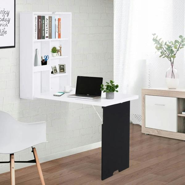White wall-mounted drop-leaf table with raised desk surface and storage shelves.