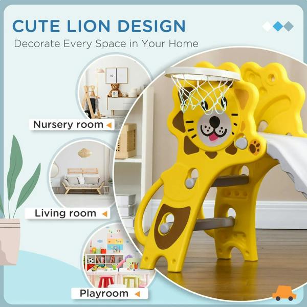 Yellow lion kids slide with basketball hoop, shown in an indoor room layout