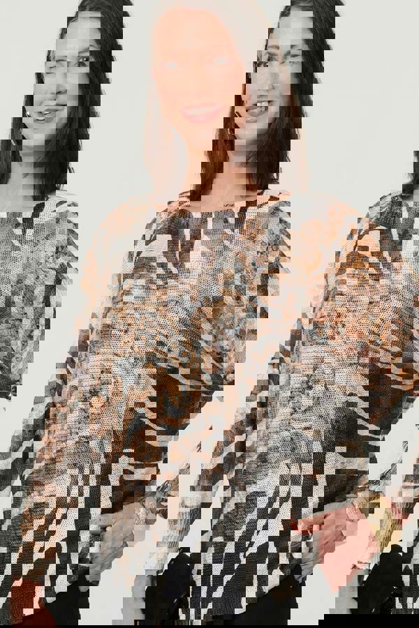 Brown | Printed Mesh Textured Long Sleeve Top