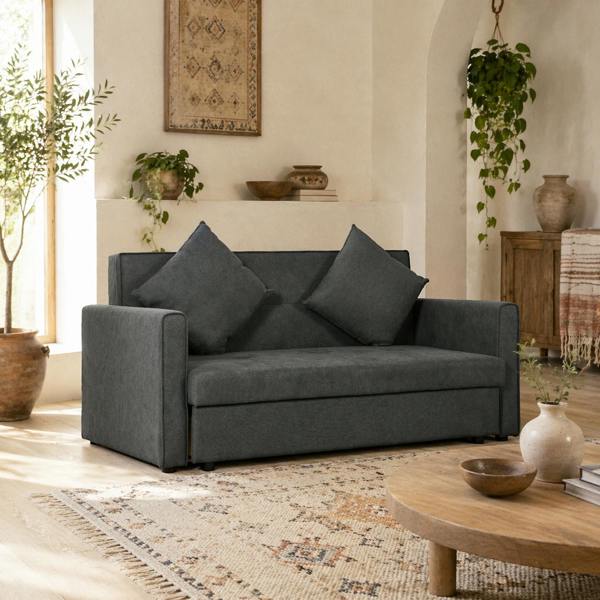 Wyld Haus Takala Nele Snow Flannel Dark Grey 2 Seater Sofa Bed With Hidden Storage And Cushions