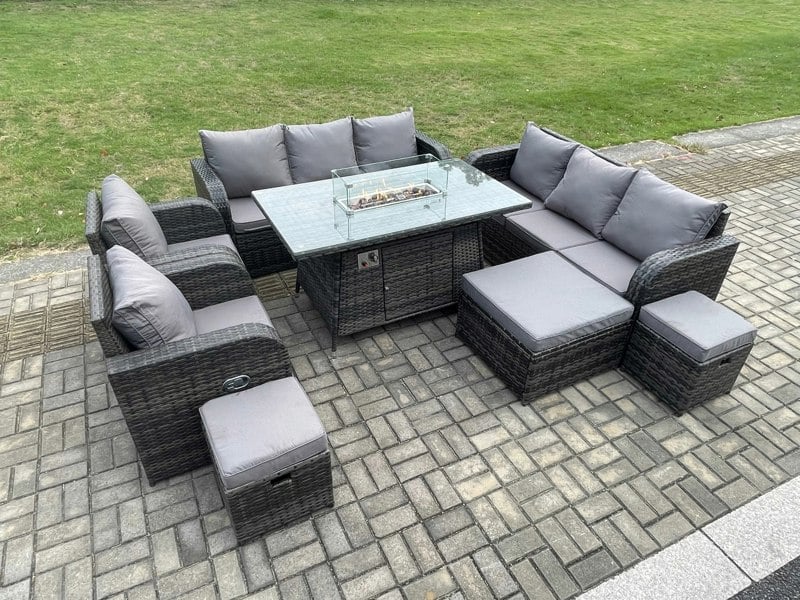 Fimous Rattan Outdoor Garden Furniture Set with Gas Fire Pit Dining Table, 2 Chairs,  2 Sofas, 3 Footstools - 11 Seater - Dark Grey