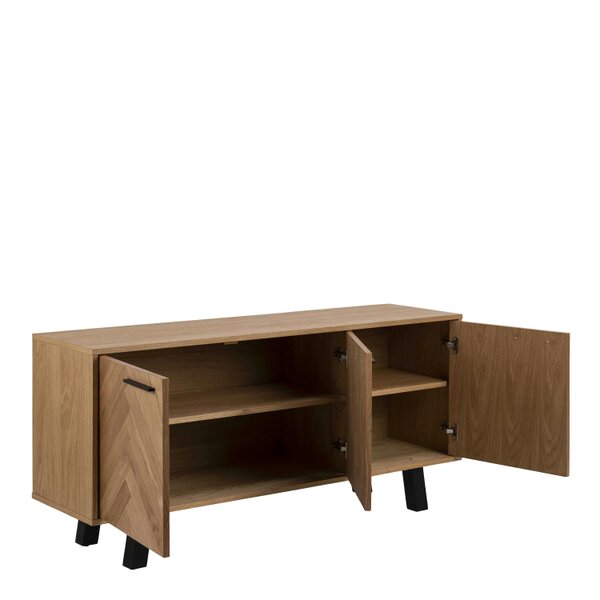 Wyld Haus Chevron Herringbone Natural Oak Wood 3 Door Sideboard