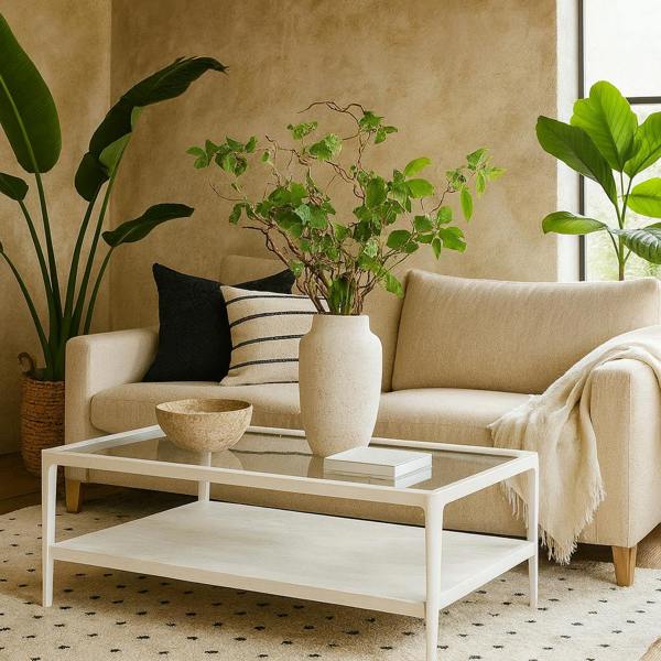 Wyld Haus San Senastian White Wood and Glass Top Coffee Table with Bottom Shelf
