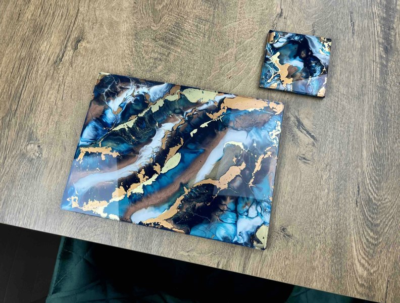 Kate Chesters Art Blue Gold Bronze Resin Art Placemats and Coasters Set - Heat Tolerant