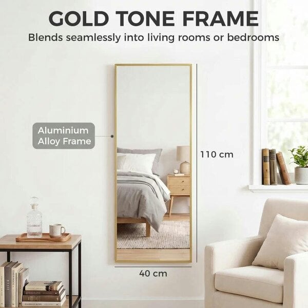 Bobobiy 40 x 110 cm Full Length Wall Mirror, Rectangular Mirror with Adjustable Hooks, Over the Door or Wall Mounted, Gold Tone