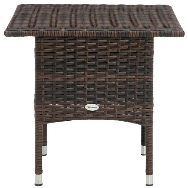 Brown woven rattan-style outdoor side table with square top and metal corner legs