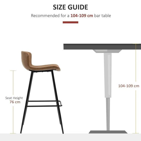 Bar stool size guide showing seat height 76 cm for 104–109 cm bar tables