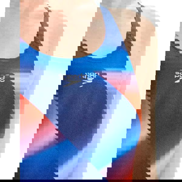 Sleek blue and orange striped Speedo Allover Digital Recordbreaker swimsuit