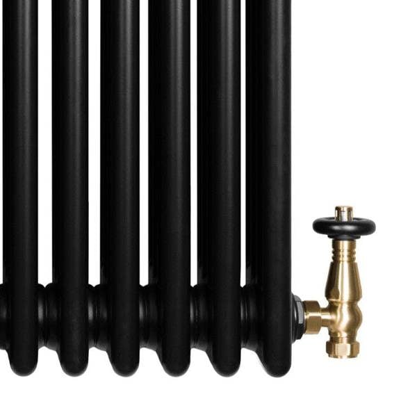 Traditional black 4 column radiator with smooth, glossy finish and brass valve, designed for efficient heating in any space