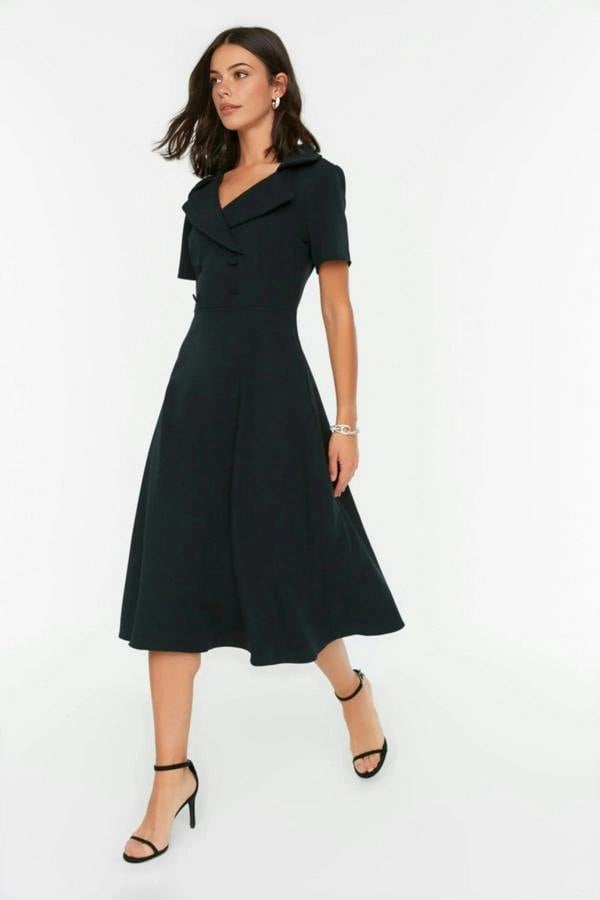 Button Detail Skater Fit and Flare Midi Woven Dress