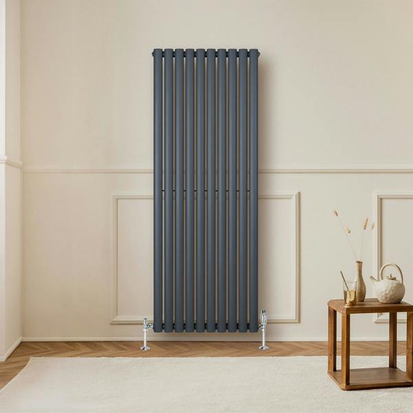 Anthracite grey oval single column radiator, 1600mm x 600mm, mounted on a wall, with stylish valves and modern interior decor