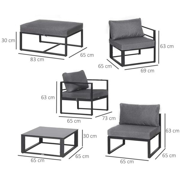 Grey outdoor sofa set layout with armchairs, loveseat, footrest bench, and coffee table