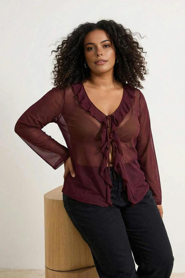 WOVCOR Tie-Up Tulle Knit Plus Size Blouse
