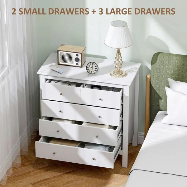 White 5-drawer dresser with five drawers partially open, round metal handles