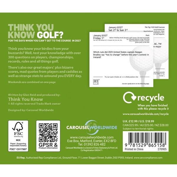 Think You Know Golf? Desk Calendar 2027, Desk Calendars, Day To View, Sports, Gift