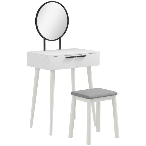 Wyld Haus Comika White Dressing Table And Stool Set With Round Mirror 2 Drawers 60 x 40 x 123cm