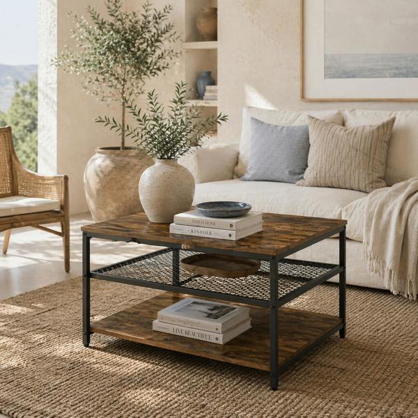 Wyld Haus Nafata Wooden Rustic Brown Square Coffee Table With 3 Tier Shelves