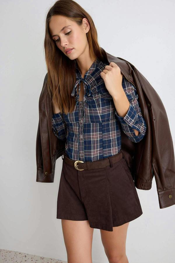 WOVCOR Tie Neck Long Sleeve Oversized Shirt