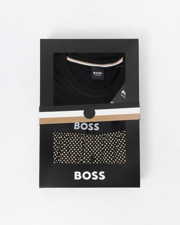 BOSS Orange's Easy Mens Pyjama Set in Medium Beige 262 in a gift box on a light grey background