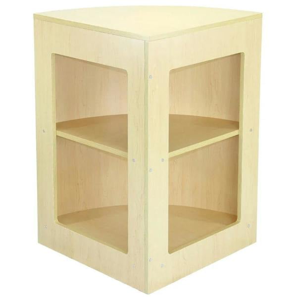 Light maple wood corner display unit with two open shelves, featuring smooth surfaces and rounded edges for a modern retail look