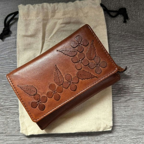 Mala Leather Wild Bloom Classic Floral Tan Leather Tri-Fold Purse