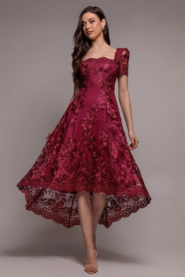 Scalloped Neck Embroidered Lace High Low Midi Dress - Burgundy DR4265