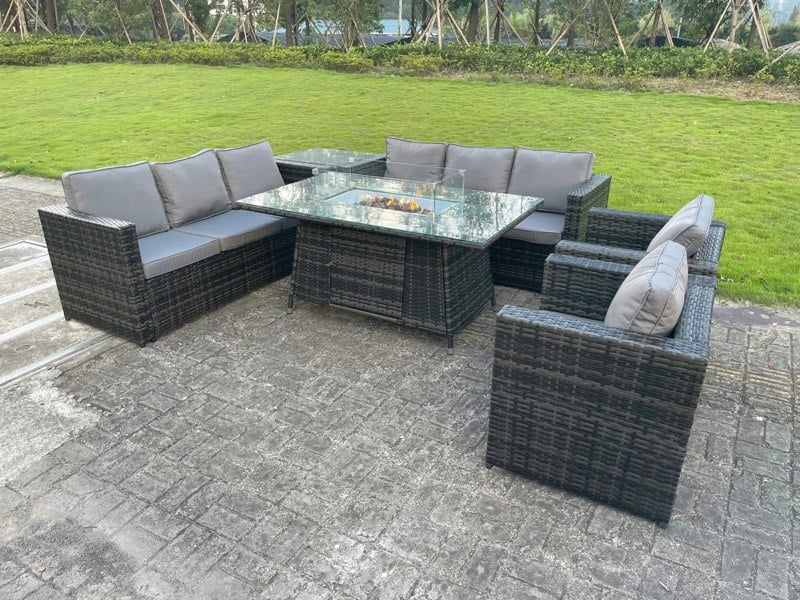 Fimous 8 Seater Outdoor Rattan Garden Furniture Gas Fire Pit Table Sets Gas Heater Lounge Chairs Side Coffee Tea Table Dark Grey