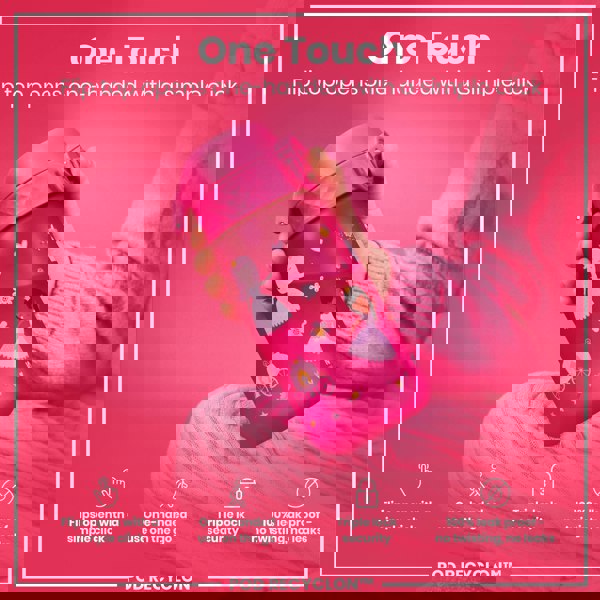 A pink water bottle with princess designs is being held; its flip top opens one-handed. The bottle features a triple lock security and is 100% leak-proof. It's shown against a pink background.