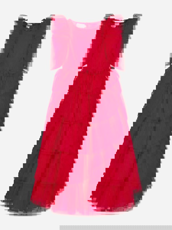 Marchesa Girls Pleated Tulle Flounce Gown in Red