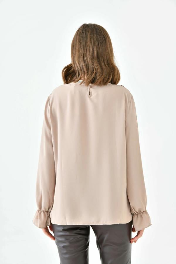Hoxton Gal Oversized Frilled Front Blouse with Detailed Cuffs in Beige