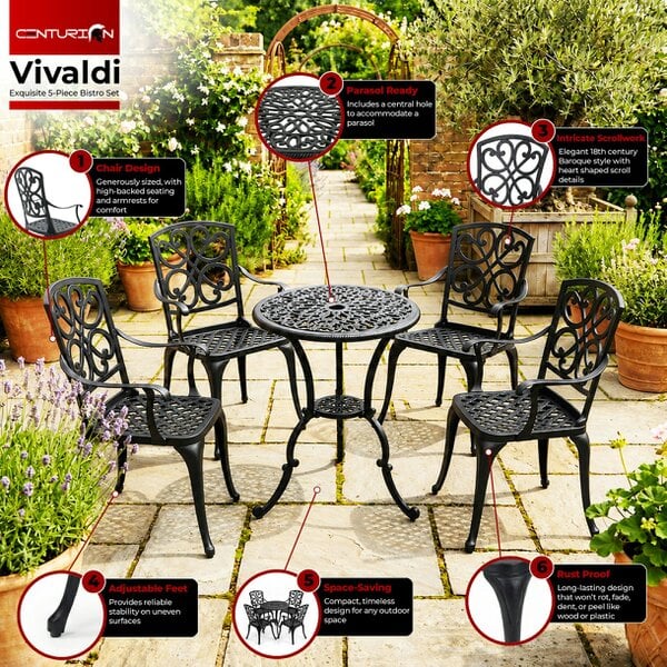 Centurion VIVALDI Black 5-Piece Cast Aluminium Garden Bistro Set - Rust-Proof Round Table with Parasol Hole & 4 Large Armchairs - Baroque Design