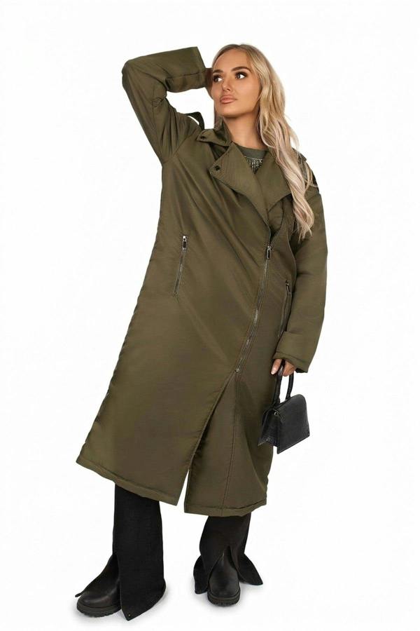Yvette Longline Padded Coat With Side Pockets - Khaki_wb