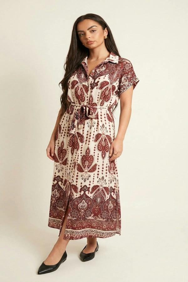 Lianne Collared Short Sleeve Midi Dress With Tie Waist - Red