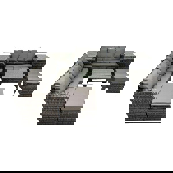 Fimous Rattan Garden Outdoor Furniture Set 3 Seater Sofa Coffee Table with 2 Big Footstools 2 Side Tables Dark Grey Mixed