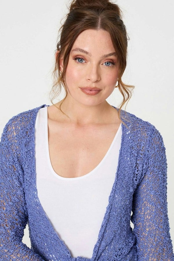 Blue | Crochet Open Knit Waterfall Cardigan
