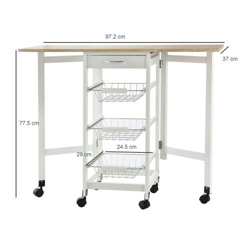 Wyld Haus Ziha Wooden White Oak Tone Drop Leaf Kitchen Trolley With Baskets And Wheels