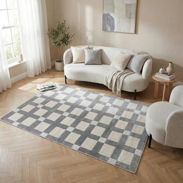 Living room with a checkered rug, white sofa, and armchair.