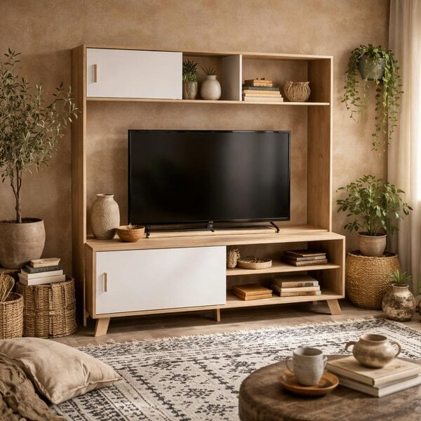Wyld Haus Hobro White and Natural Oak Wood TV Unit 2 Sliding Doors