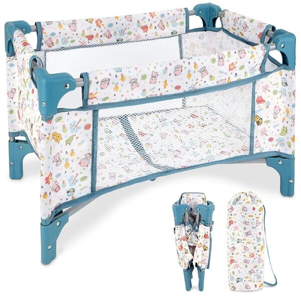 deAO Toys Foldable Baby Doll Crib with Storage Bag – Portable Mesh Doll Bed for 15–18" Dolls, Sturdy Metal Frame, Pretend Play Furniture Gift