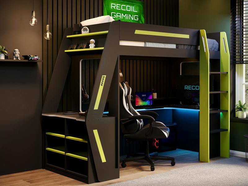 Recoil Alister Gaming High Sleeper with Desk & Storage Charcoal & Green