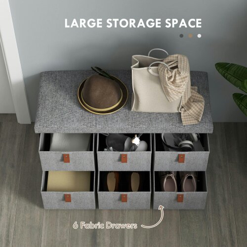 Wyld Haus Taelha Light Grey Fabric Shoe Bench With Cushioned Seat And 6 Fabric Drawers