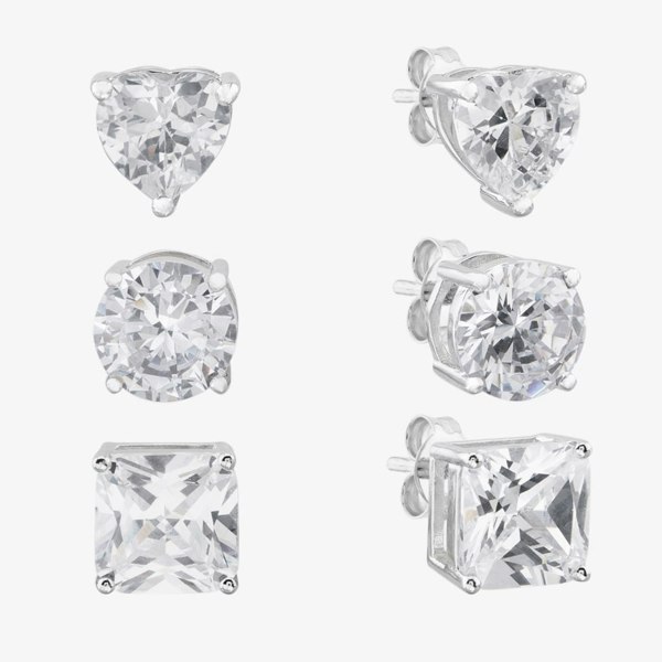 T. H. Baker Silver Cubic Zirconia Heart Round Square Set of Three Stud Earrings OJS0036