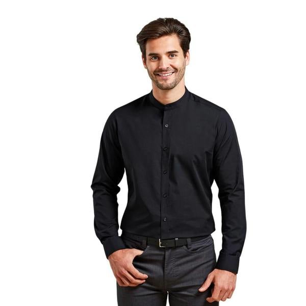 Premier Mens Banded Collar Long-Sleeved Formal Shirt - Black