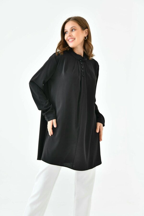 Hoxton Gal Oversized Long Sleeve Button Detailed Tunic Top in Black