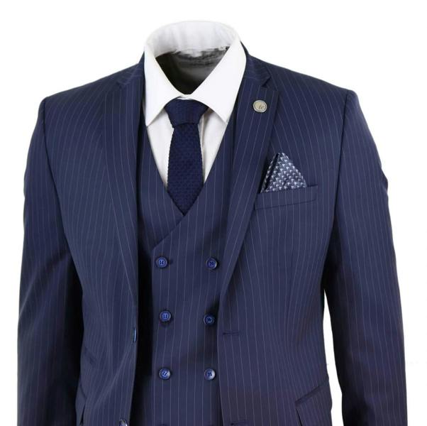 TruClothing Men's 3 Piece Navy Blue Pinstripe Retro Suit
