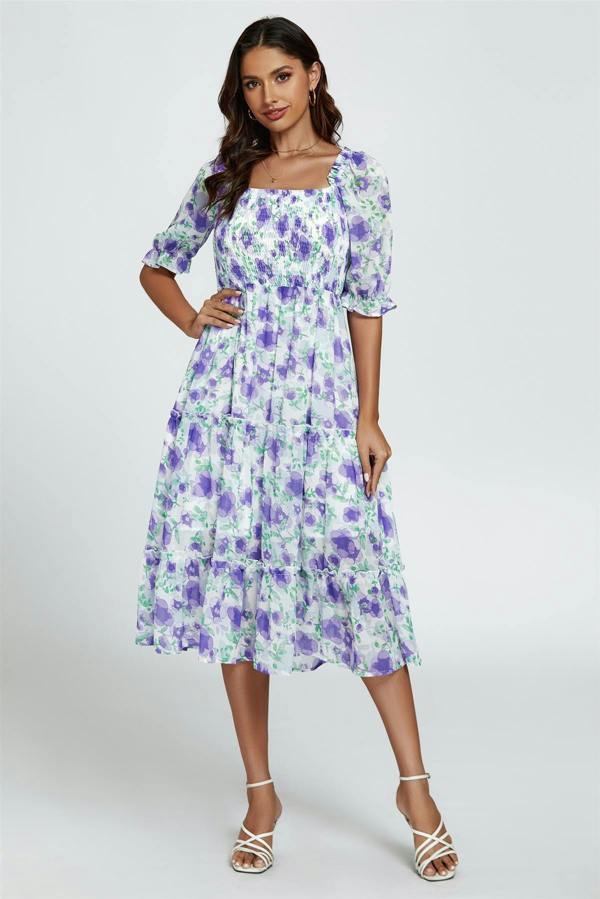 FS Collection Floral Print Bardot Puff Sleeve Elasticated Detail Midi Dress In White