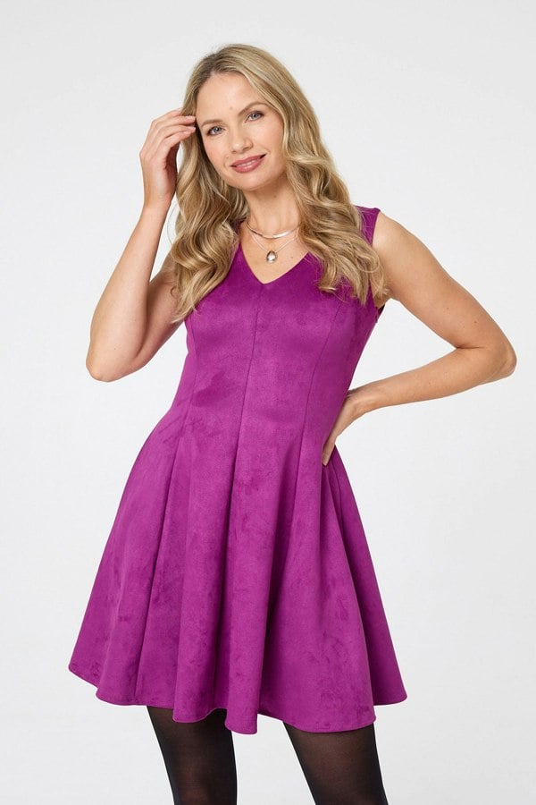 Purple | Faux Suede Knee Length Skater Dress
