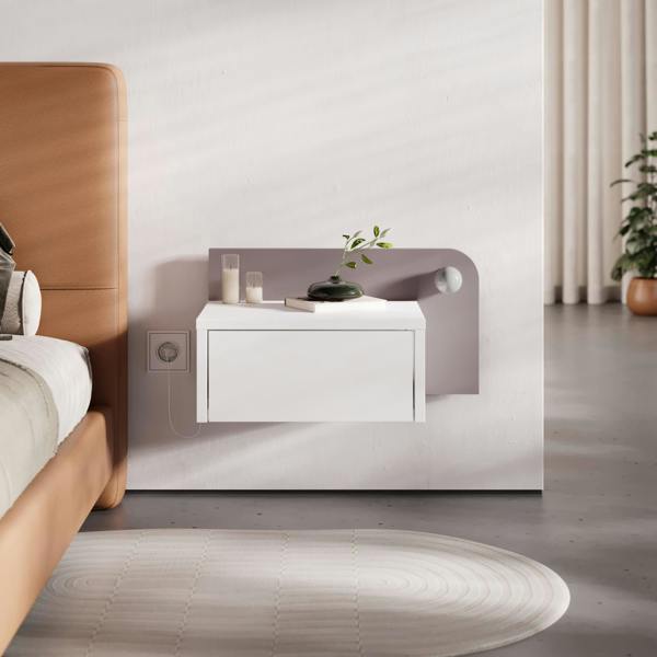 Decortie Floating Bedside Table with Drawer, LED Light in 3-Tones 33.5cm Wall-mount Bedroom Storage Unit