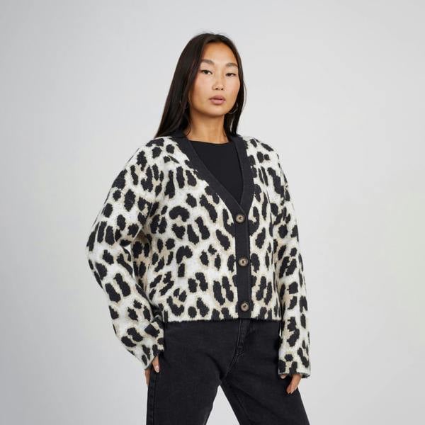 Brave Soul Camel Button Through Animal Print Jacquard Knit Cardigan - Camel Image 1
