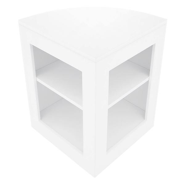 White corner display counter with two open shelves, sleek design, smooth finish, ideal for showcasing products in retail spaces